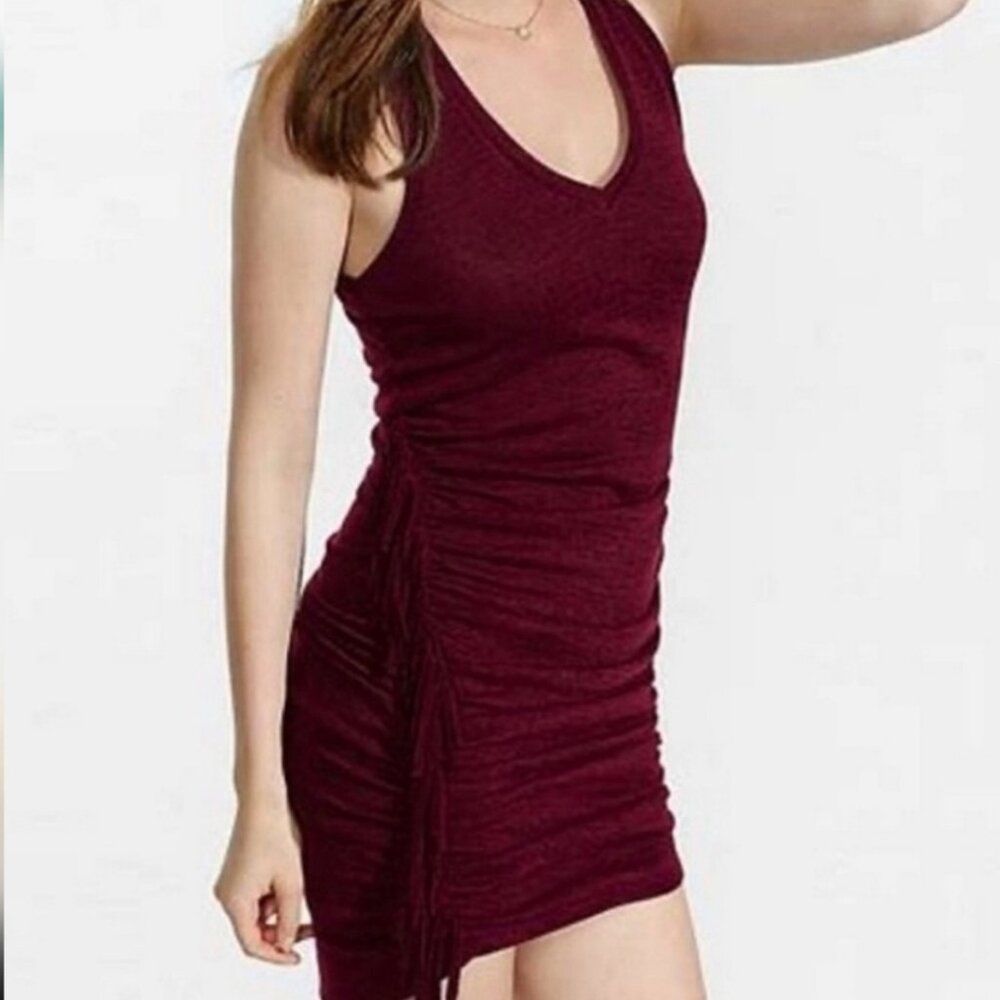 EXPRESS Heather Burgundy Bodycon Ruched Fringe V-Neck Dress - Size M - Picture 2 of 11